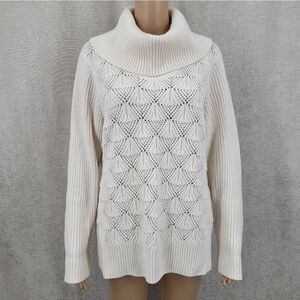 Liz Claiborne Winter White Metallic Knit Pointelle Wool Blend Cowl Neck Sweater